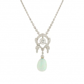 White Gold Diamond and Opal?Belle Epoque Pendant